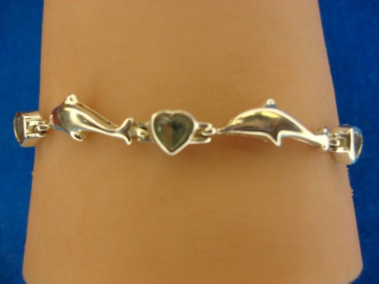 Sterling silver dolphin and heart bracelet with blue stone accent