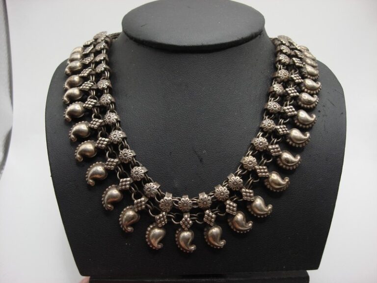 Vintage Indian Banjara collar necklace with mango and floral silver fringe
