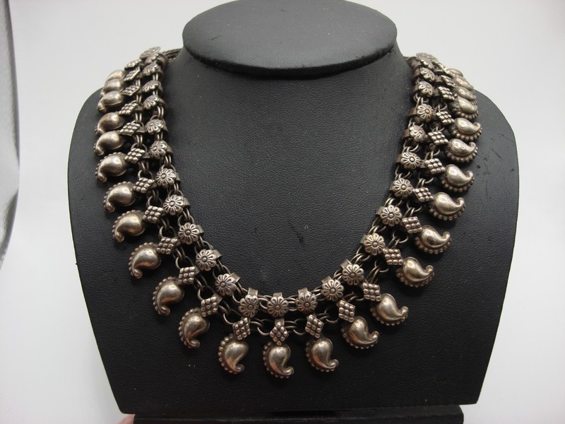 Vintage Indian Banjara collar necklace with mango and floral silver fringe