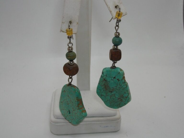 Vintage silver dangle earrings with veined turquoise and wood accents