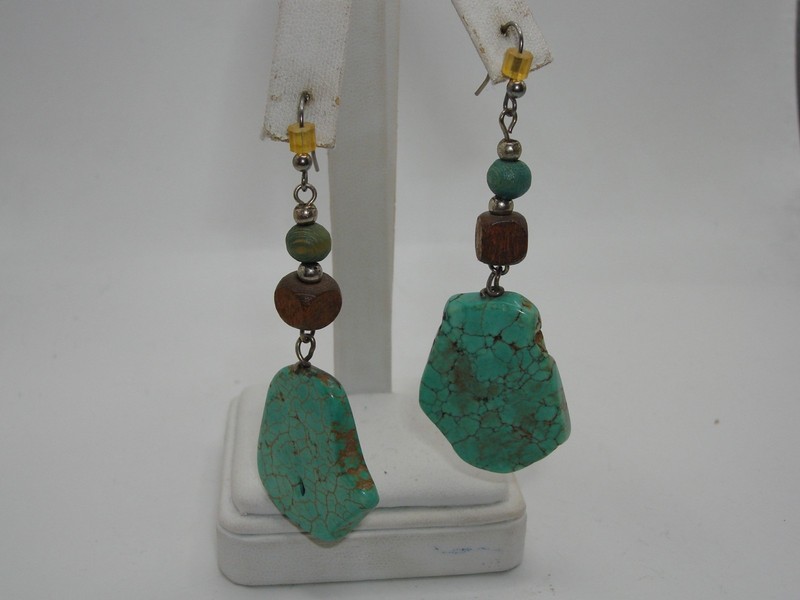 Vintage silver dangle earrings with veined turquoise and wood accents