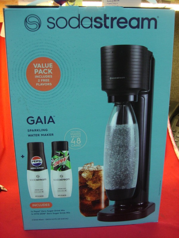 New SodaStream Gaia Sparkling Water Maker in factory sealed box with Pepsi & Mountain Dew flavor packs