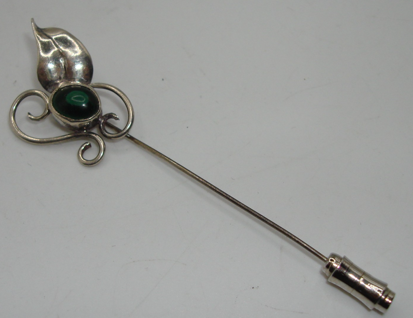 Vintage sterling silver leaf stick pin with cabochon stone